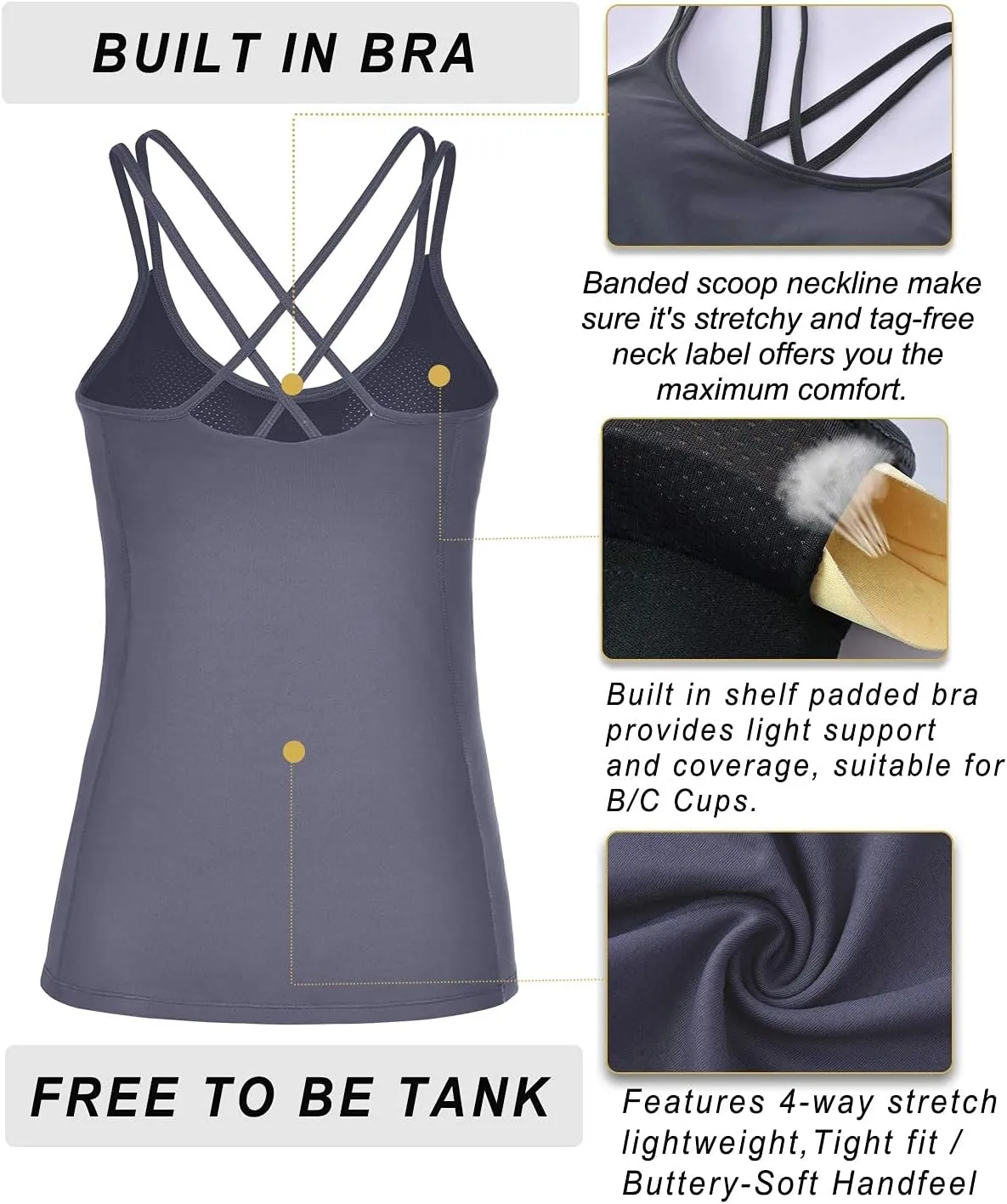 RUNNING GIRL Yoga Tank Tops for Women Built in Shelf Bra B/C Cups Strappy Back Activewear Workout Compression Tops