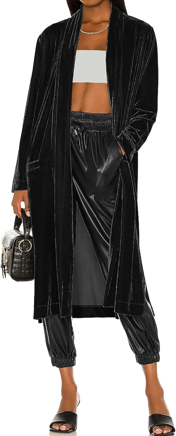 R.Vivimos Women's Long Cardigans Fall Velvet Long Sleeve Open Front Side Slit Loose Casual Jackets Duster Coat with Pockets