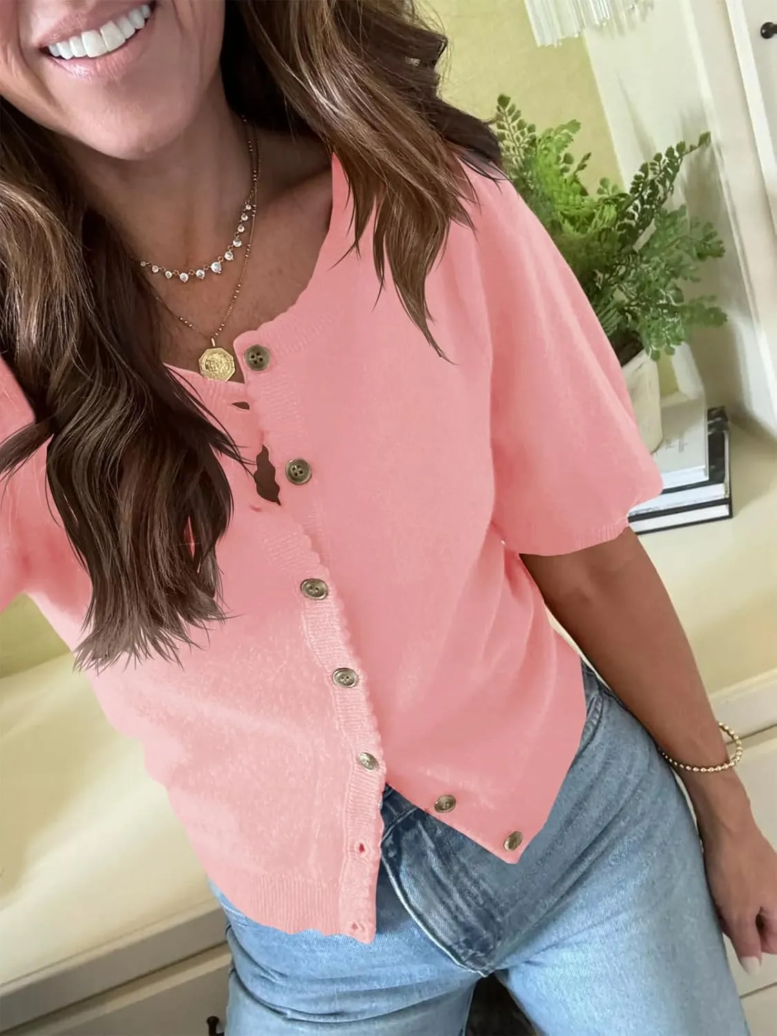 Saodimallsu Womens Puff Short Sleeve Cardigan Lightweight Summer Button Down Shirts Knit Crew Neck Sweater Tops