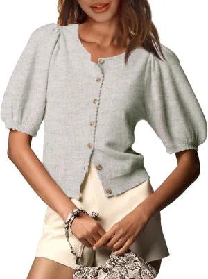 Saodimallsu Womens Puff Short Sleeve Cardigan Lightweight Summer Button Down Shirts Knit Crew Neck Sweater Tops