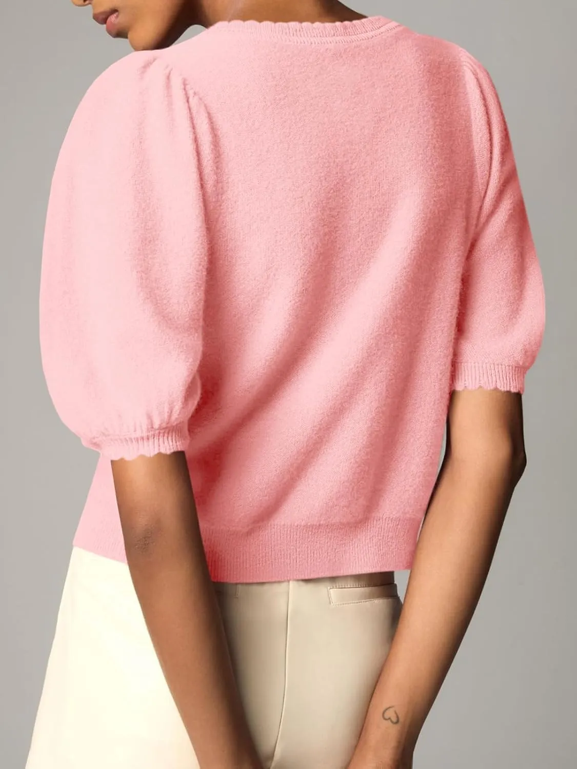 Saodimallsu Womens Puff Short Sleeve Cardigan Lightweight Summer Button Down Shirts Knit Crew Neck Sweater Tops