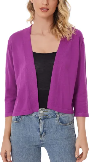 Satuun Women's 3/4 Sleeve Shrugs Lightweight Open Front Cropped Cardigan Tops