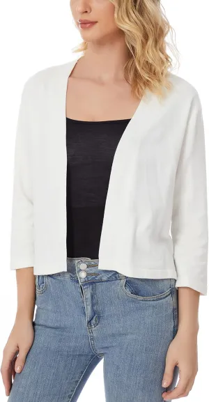 Satuun Women's 3/4 Sleeve Shrugs Lightweight Open Front Cropped Cardigan Tops