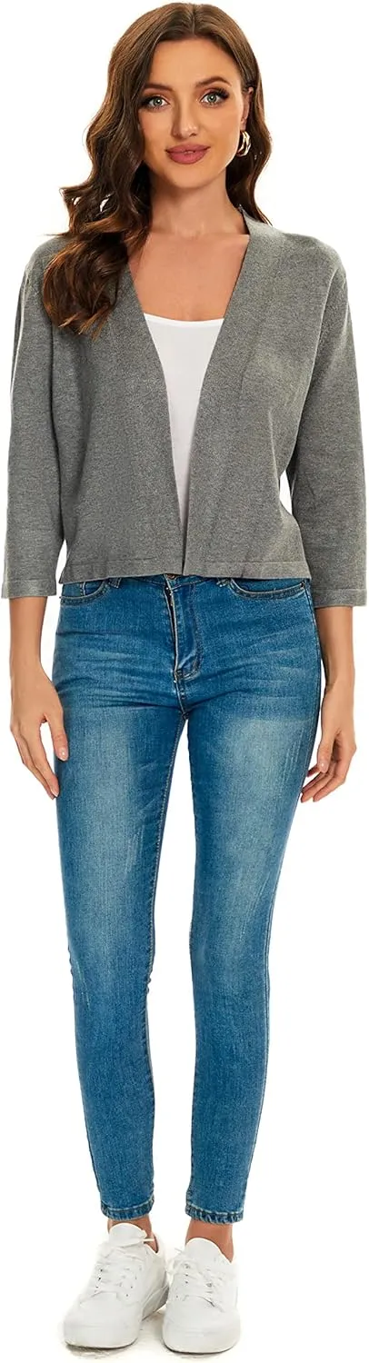 Satuun Women's 3/4 Sleeve Shrugs Lightweight Open Front Cropped Cardigan Tops
