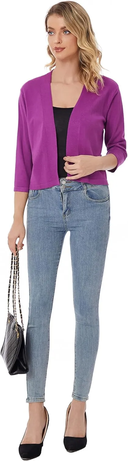 Satuun Women's 3/4 Sleeve Shrugs Lightweight Open Front Cropped Cardigan Tops