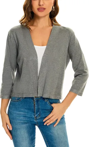 Satuun Women's 3/4 Sleeve Shrugs Lightweight Open Front Cropped Cardigan Tops