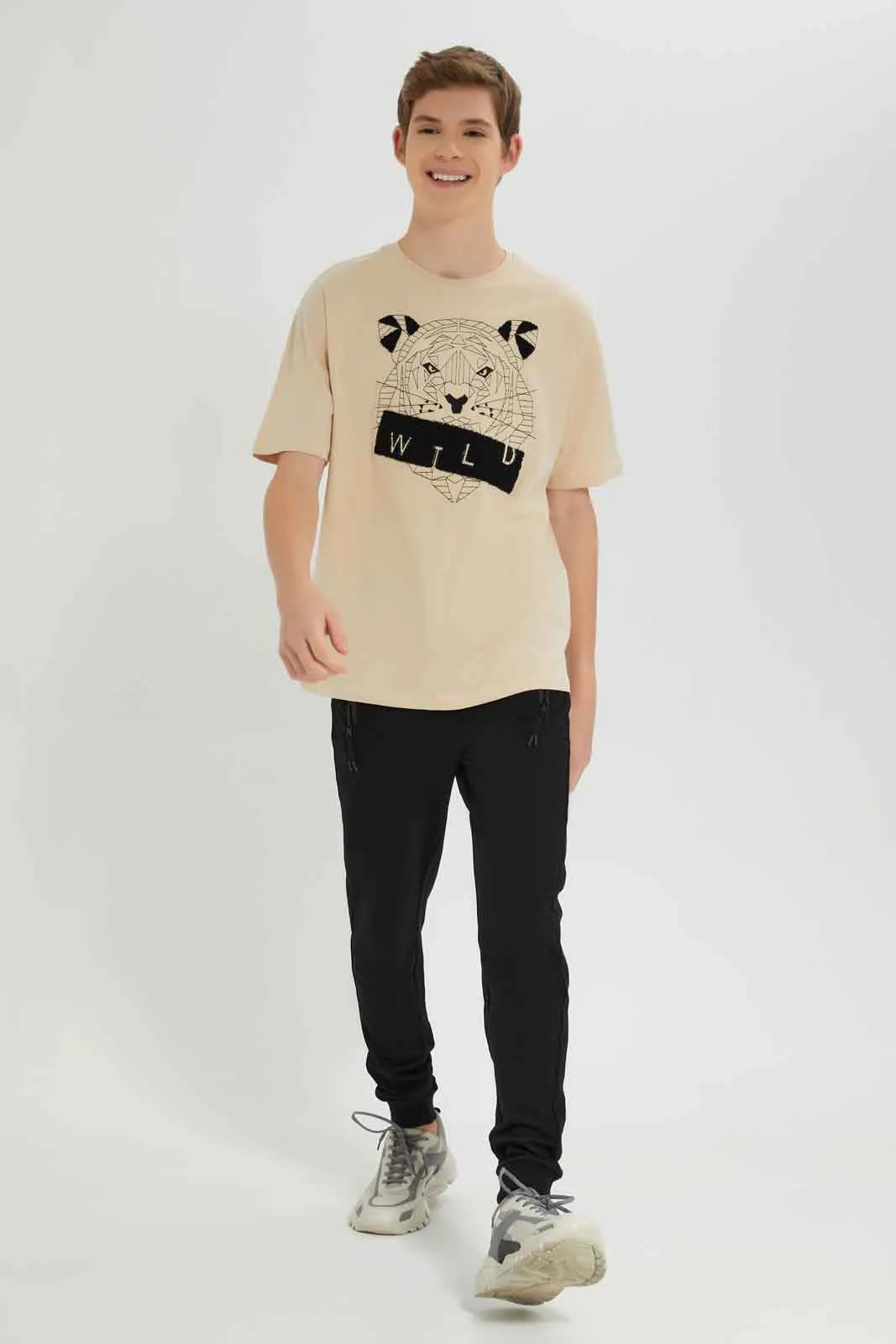Senior Boys Beige Wild Tiger Print T-Shirt
