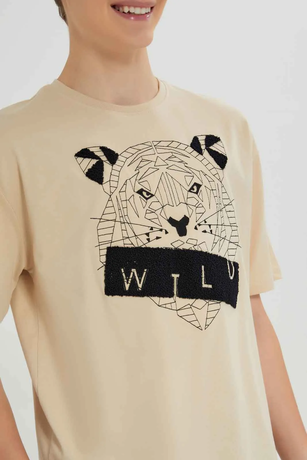 Senior Boys Beige Wild Tiger Print T-Shirt