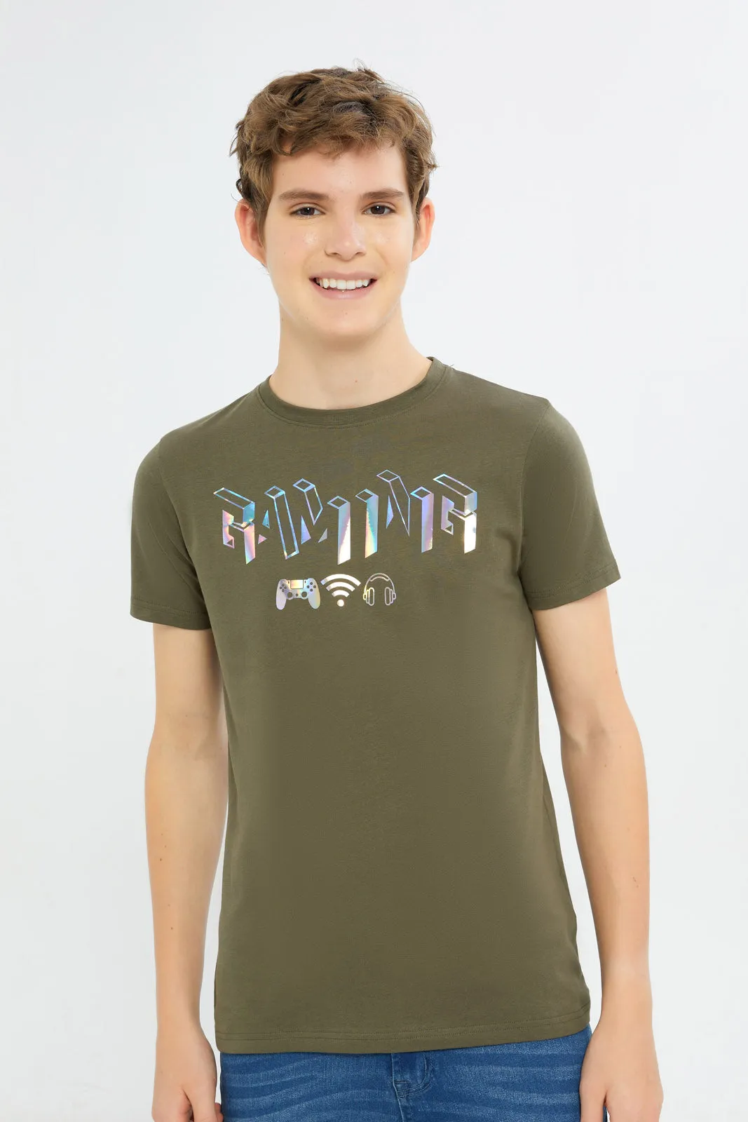 Senior Boys Olive Gamer Gel Print T-Shirt