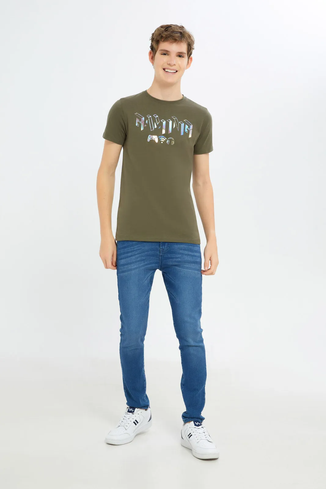 Senior Boys Olive Gamer Gel Print T-Shirt