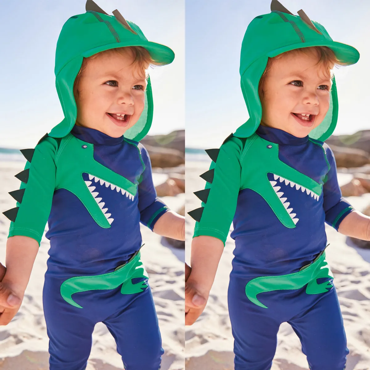 Set of Dinosaur One-Piece Long-sleeve Swimsuit and Hat