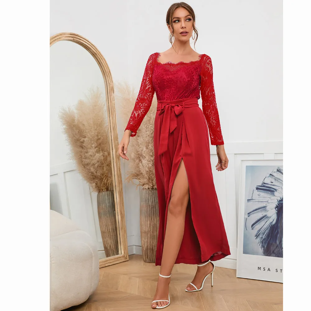 Sexy Lace Off Shoulder Lace-Up Wide-Leg Jump Suits Wholesale Jumpsuits