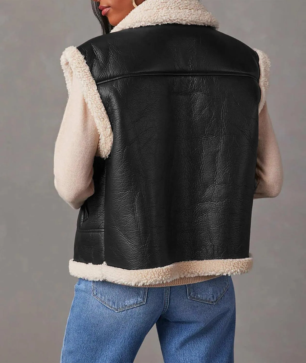 Sexyshine Women's Faux Leather Shearing Sherpa Vest Sleeveless Zip Up Fleece Lined Jacket Coat with Pockets