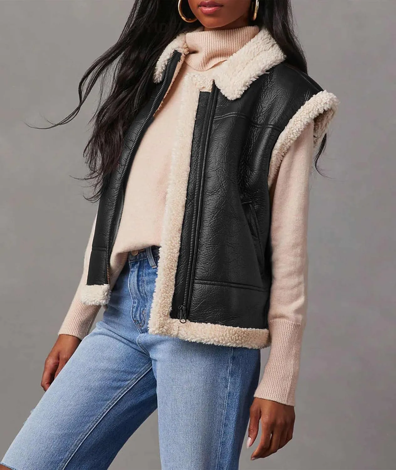 Sexyshine Women's Faux Leather Shearing Sherpa Vest Sleeveless Zip Up Fleece Lined Jacket Coat with Pockets