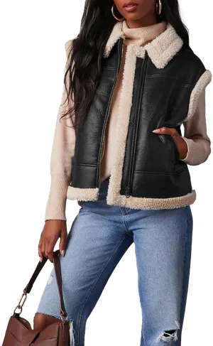 Sexyshine Women's Faux Leather Shearing Sherpa Vest Sleeveless Zip Up Fleece Lined Jacket Coat with Pockets