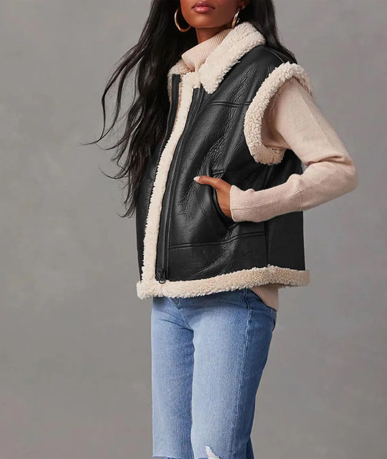 Sexyshine Women's Faux Leather Shearing Sherpa Vest Sleeveless Zip Up Fleece Lined Jacket Coat with Pockets