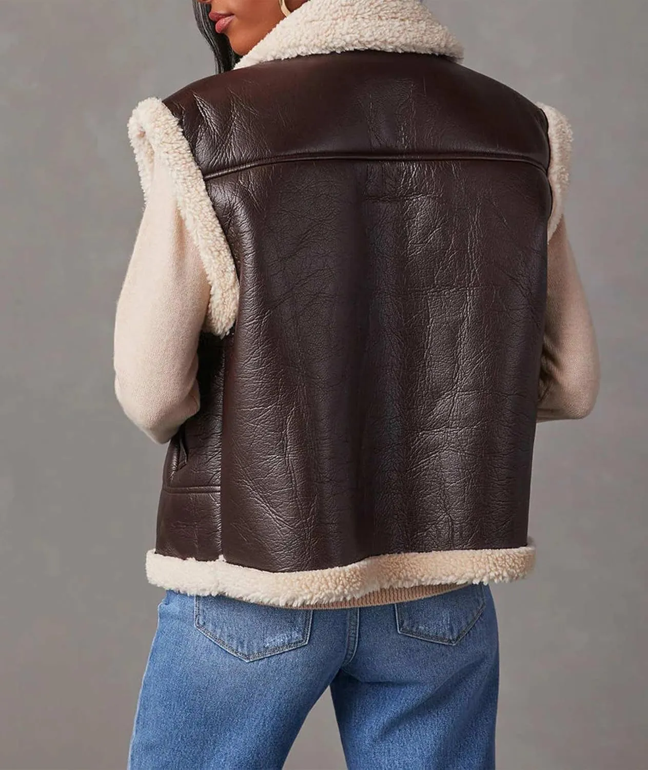 Sexyshine Women's Faux Leather Shearing Sherpa Vest Sleeveless Zip Up Fleece Lined Jacket Coat with Pockets