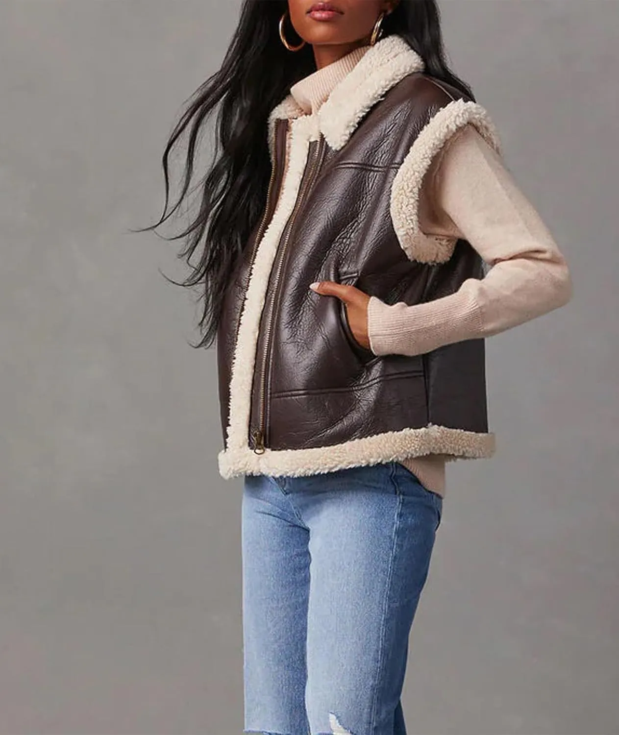 Sexyshine Women's Faux Leather Shearing Sherpa Vest Sleeveless Zip Up Fleece Lined Jacket Coat with Pockets