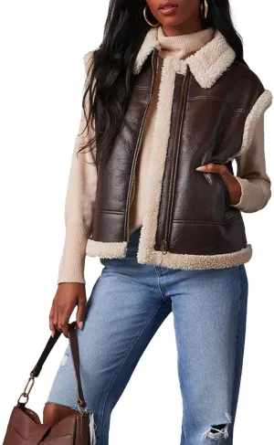 Sexyshine Women's Faux Leather Shearing Sherpa Vest Sleeveless Zip Up Fleece Lined Jacket Coat with Pockets