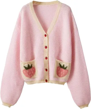 SHENHE Women's Plus Size Strawberry Cardigan Crochet Bell Sleeve Button Down Baggy Cute Sweater Cardigan