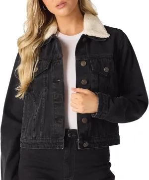 Sherpa Lined Denim Jacket for Women - Removable Collar Trucker Style womens jean jacket - Regular Fit 100% Cotton