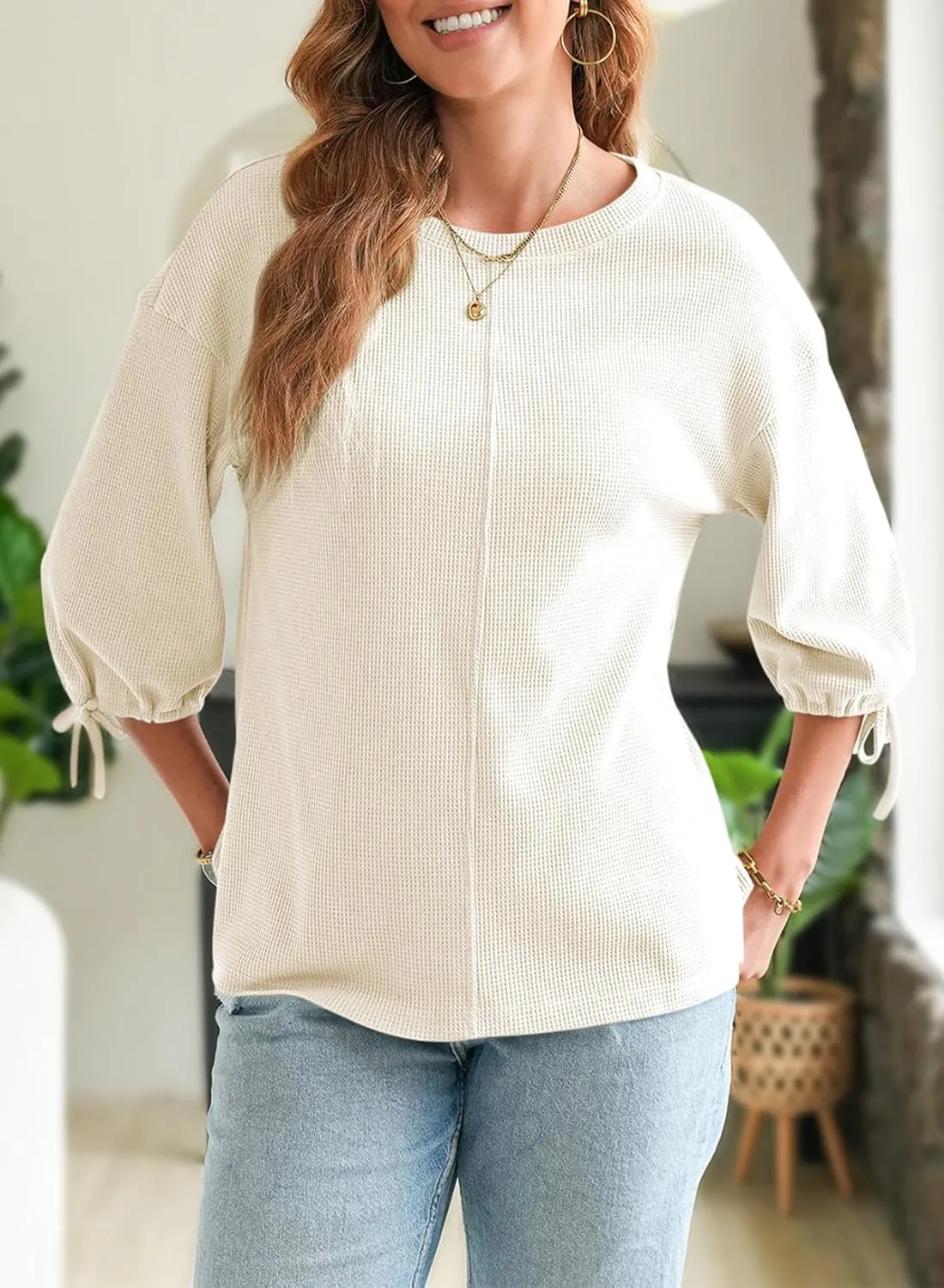 SHEWIN Women's 3/4 Length Sleeve Tunic Tops Loose Fit Casual Crewneck Waffle Knit T Shirts