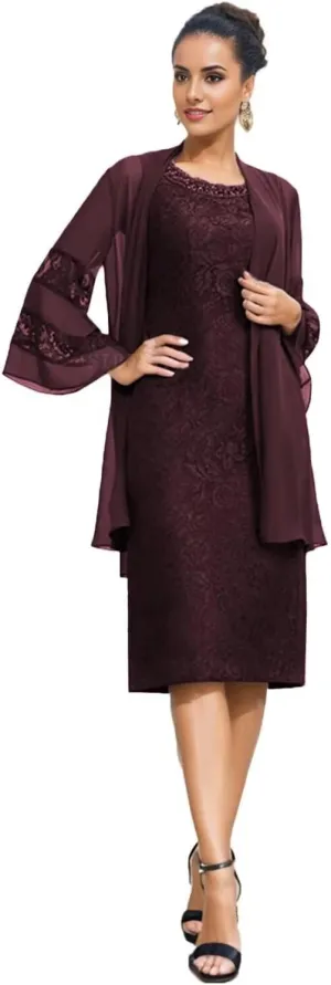 SIPUHK 2 Pieces Mother of The Bride Dresses with Jackets Lace Beaded 3/4 Sleeve Bodycon Formal Dress for Women Wedding Guest