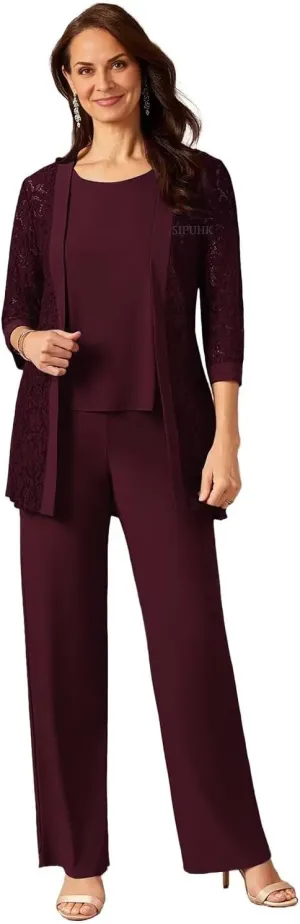 SIPUHK 3 Pieces Mother of The Bride Pantsuits with Jackets Lace 3/4 Sleeve Classy Formal Pant Suits for Women Dressy