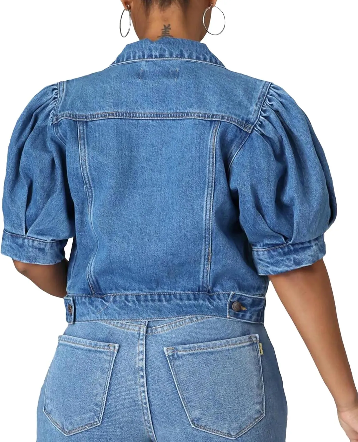 SOMTHRON Women's Cropped Jean Jacket Puff Short Sleeve Button Down Denim Coat Crop Top Outerwear