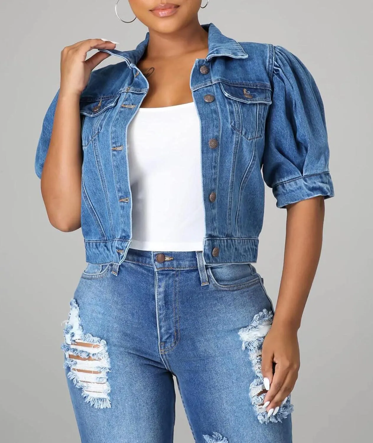 SOMTHRON Women's Cropped Jean Jacket Puff Short Sleeve Button Down Denim Coat Crop Top Outerwear