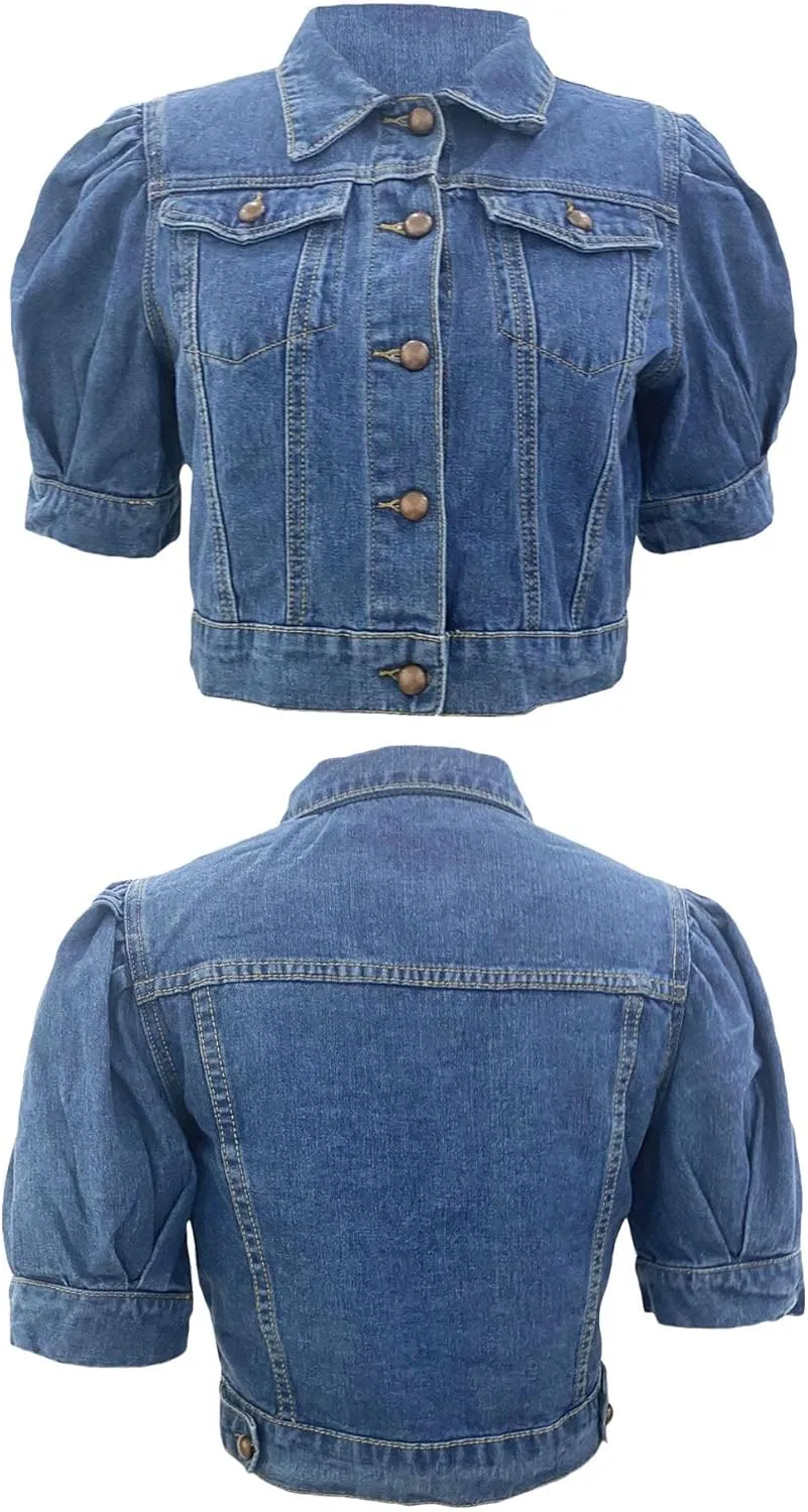 SOMTHRON Women's Cropped Jean Jacket Puff Short Sleeve Button Down Denim Coat Crop Top Outerwear