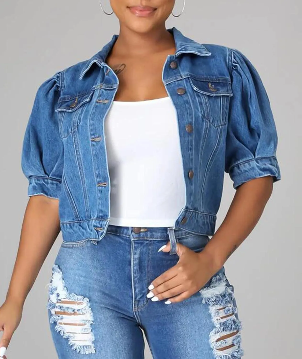 SOMTHRON Women's Cropped Jean Jacket Puff Short Sleeve Button Down Denim Coat Crop Top Outerwear