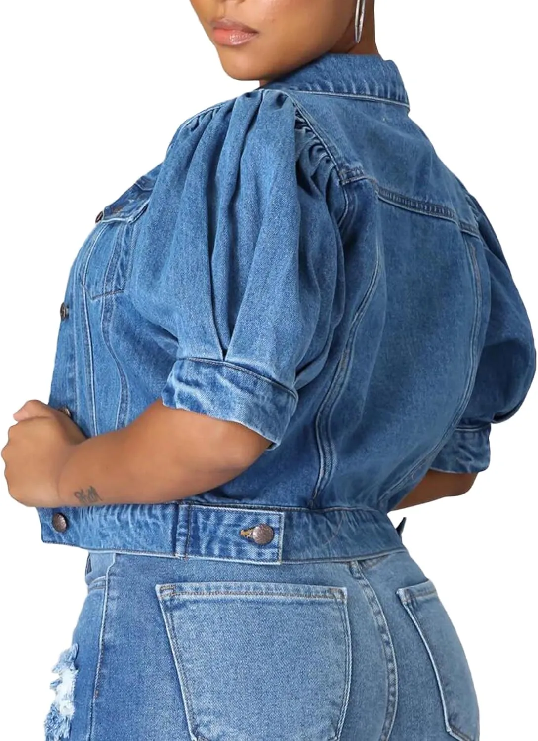 SOMTHRON Women's Cropped Jean Jacket Puff Short Sleeve Button Down Denim Coat Crop Top Outerwear