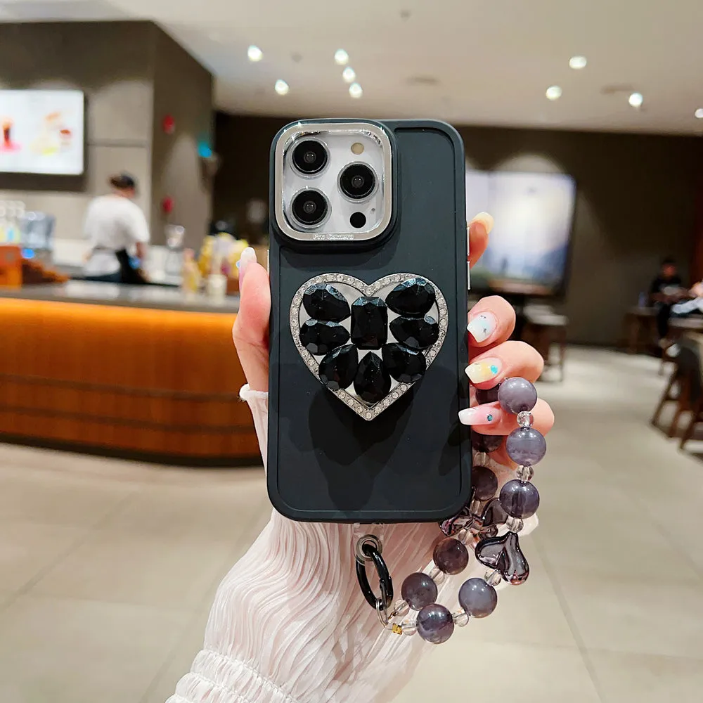 Stone Heart Shape Stand Silicone Soft Phone Cover with Bracelet - iPhone 16