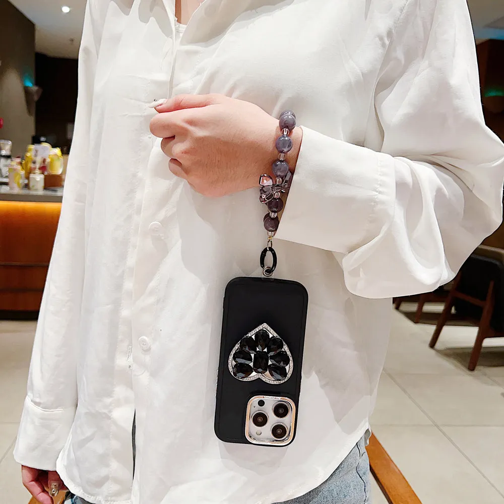 Stone Heart Shape Stand Silicone Soft Phone Cover with Bracelet - iPhone 16
