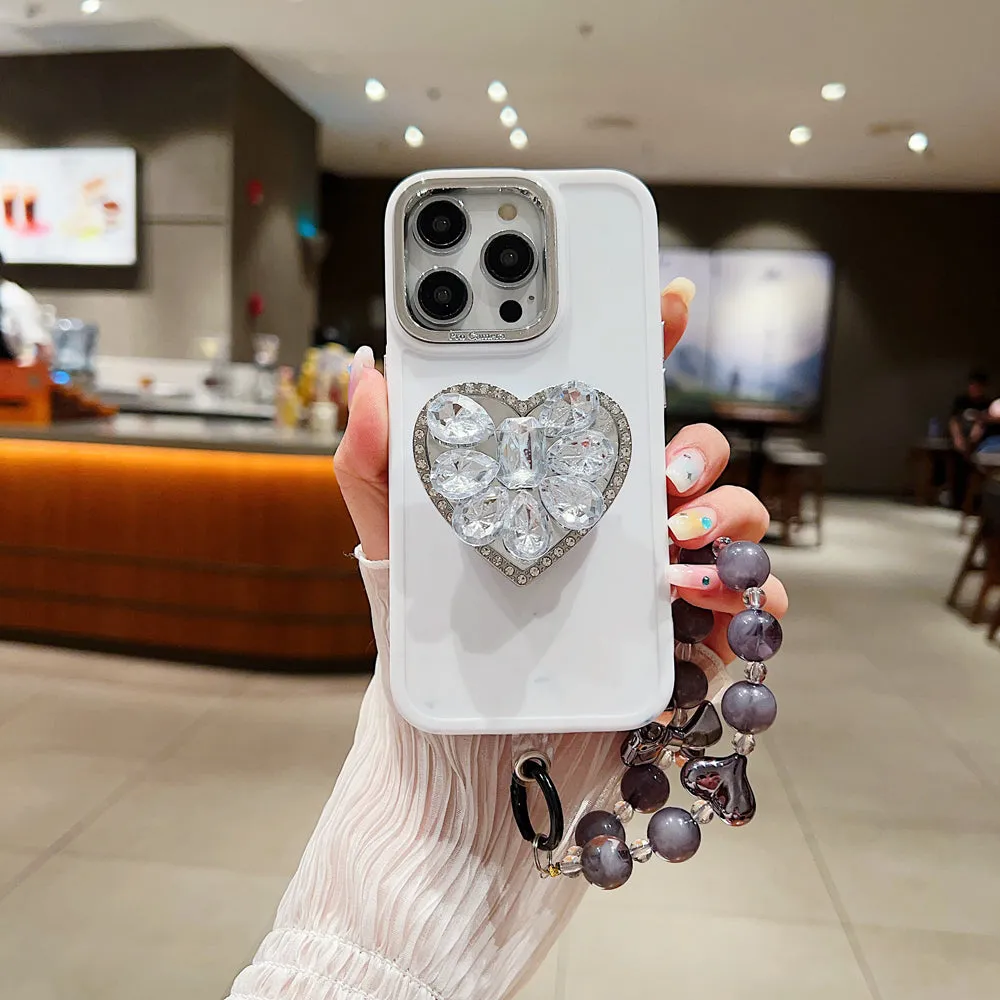 Stone Heart Shape Stand Silicone Soft Phone Cover with Bracelet - iPhone 16
