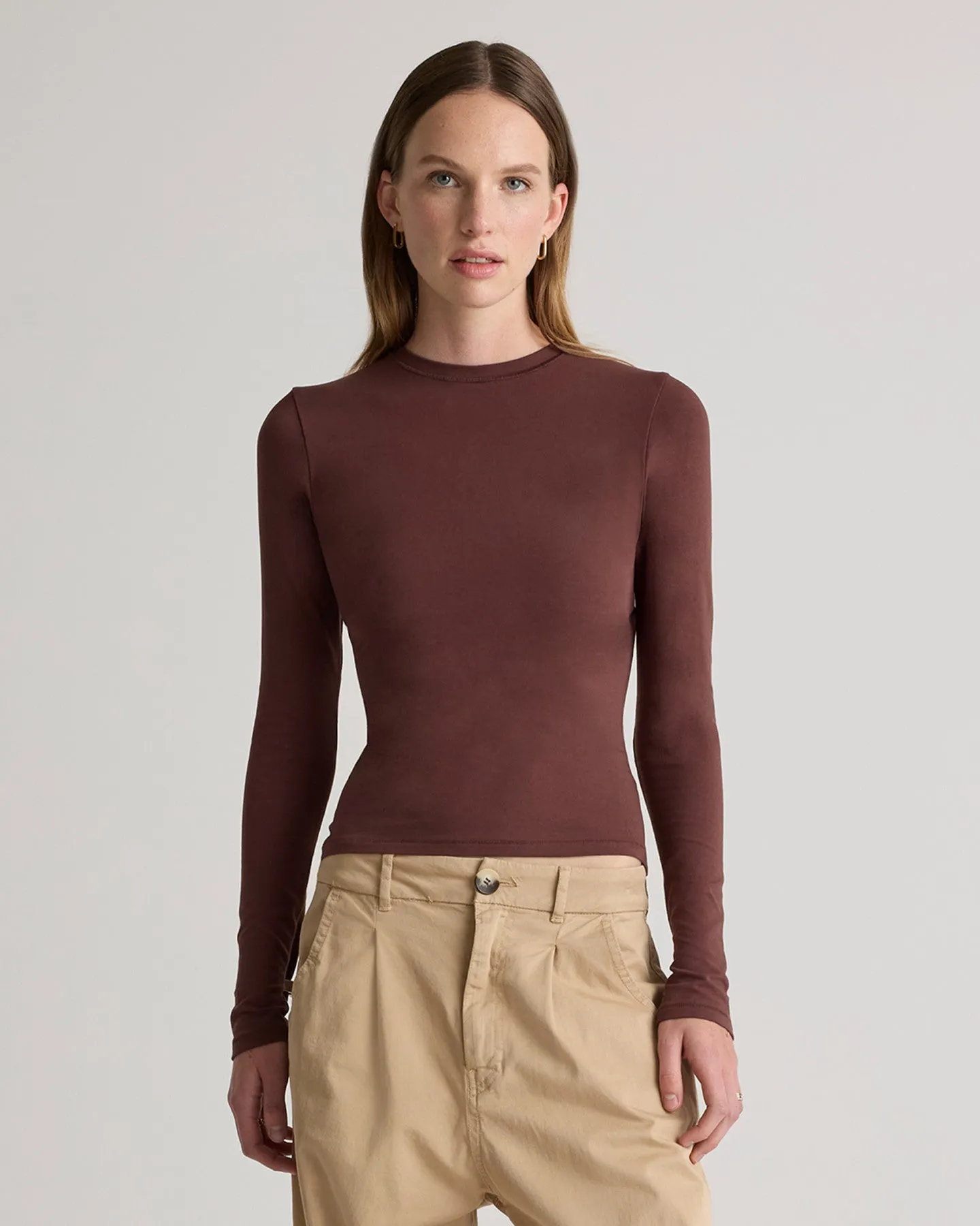 Stretch Cotton Jersey Fitted Long Sleeve T-Shirt