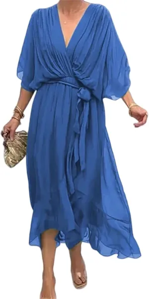 Stylish and Elegant V-Neck Maxi Dress, Stylish and Elegant Tiered Chiffon Maxi Dress, Women Summer Flowy Chiffon Gown