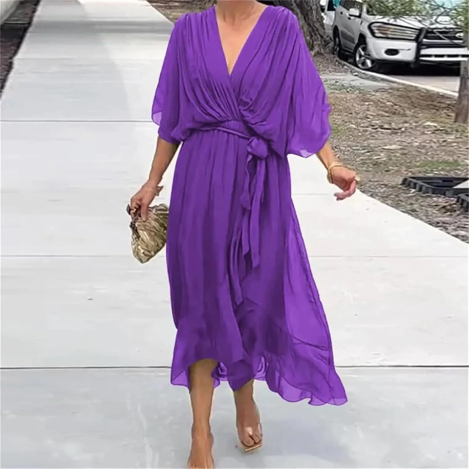 Stylish and Elegant V-Neck Maxi Dress, Stylish and Elegant Tiered Chiffon Maxi Dress, Women Summer Flowy Chiffon Gown