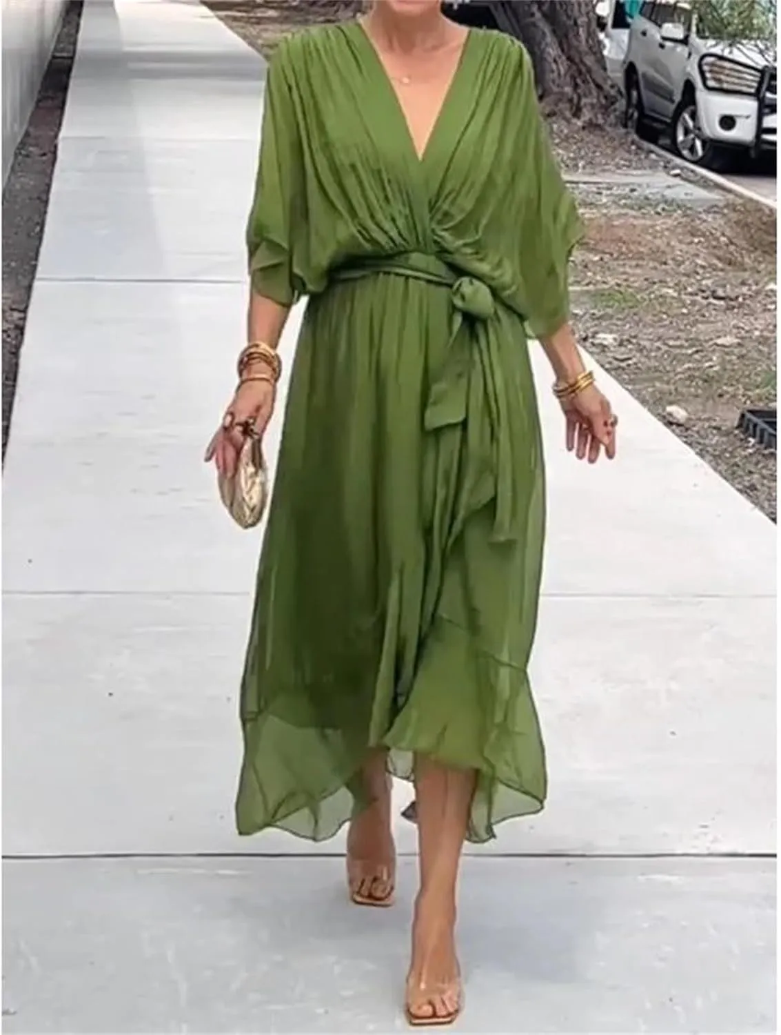 Stylish and Elegant V-Neck Maxi Dress, Stylish and Elegant Tiered Chiffon Maxi Dress, Women Summer Flowy Chiffon Gown