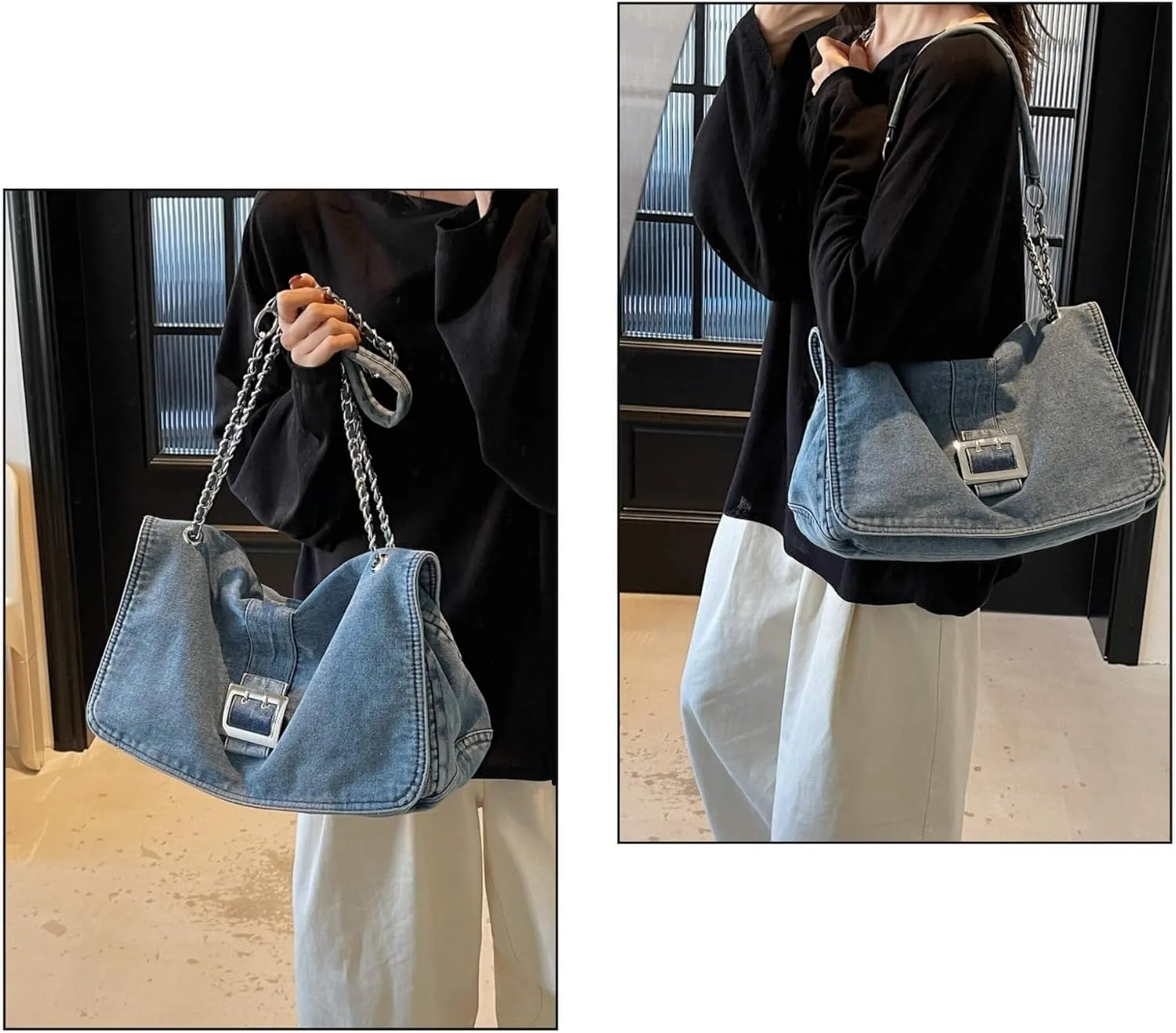 Stylish Denim Tote Bag for Women, Jean Purse Designer Handbag with Adjustable Strap