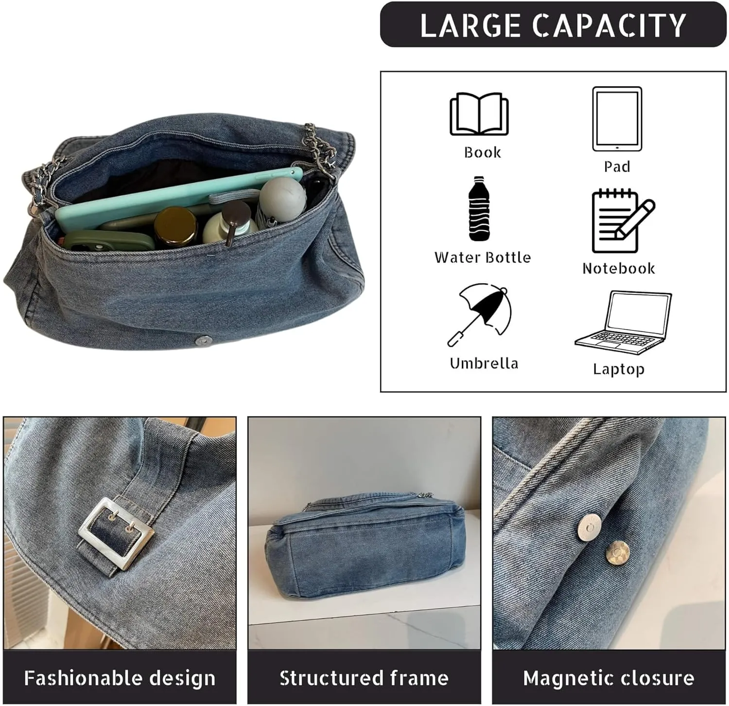 Stylish Denim Tote Bag for Women, Jean Purse Designer Handbag with Adjustable Strap