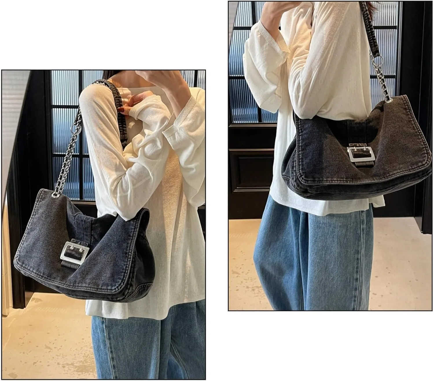 Stylish Denim Tote Bag for Women, Jean Purse Designer Handbag with Adjustable Strap