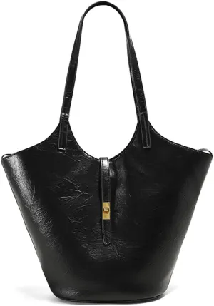 Stylish Genuine Leather Bucket Tote Shoulder Bag Hobo Handbag for Women, Black
