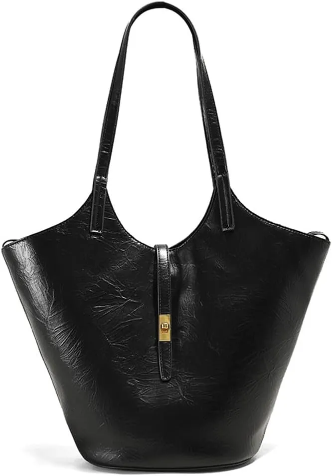 Stylish Genuine Leather Bucket Tote Shoulder Bag Hobo Handbag for Women, Black