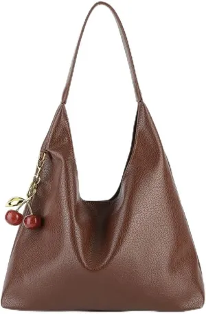 Stylish Slouchy Hobo Bag for Women - Large Capacity PU Leather Commuting Tote with Cherry Pendant