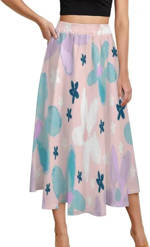Stylish Vividity Floral Printed Midi Skirt High Elastic Waist Ruffling Flowy Office Skirt