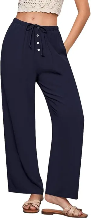 Summer Pants for Women Lightweight Linen Sweatpants Casual Loose High Waist Wide Leg Palazzo Soft Beach Trousers