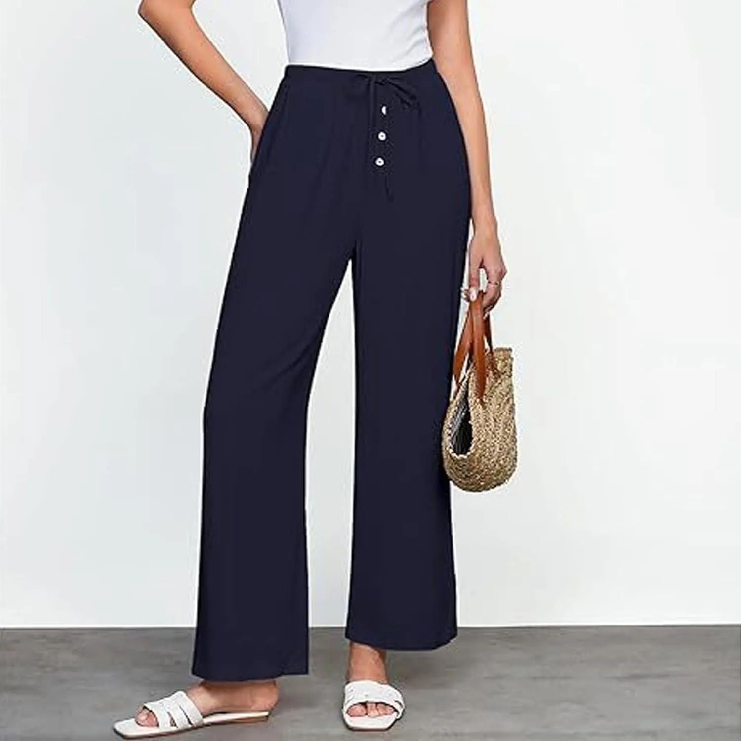 Summer Pants for Women Lightweight Linen Sweatpants Casual Loose High Waist Wide Leg Palazzo Soft Beach Trousers
