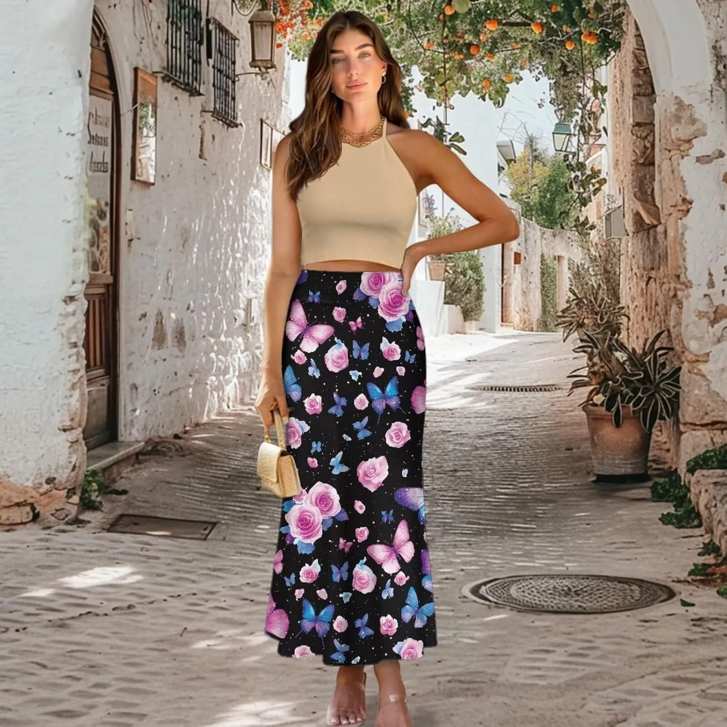 Summer Skirt for Women Empire Waist Dress Pencil Skirts with Side Zipper Lightweight Long Maxi Skirts Bohemian Skirt